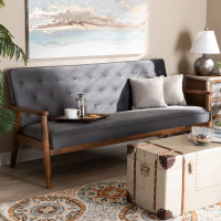 Baxton Studio BBT8013-Grey Velvet/Walnut-SF Sorrento Mid-century Modern Grey Velvet Fabric Upholstered Walnut Finished Wooden 3-seater Sofa